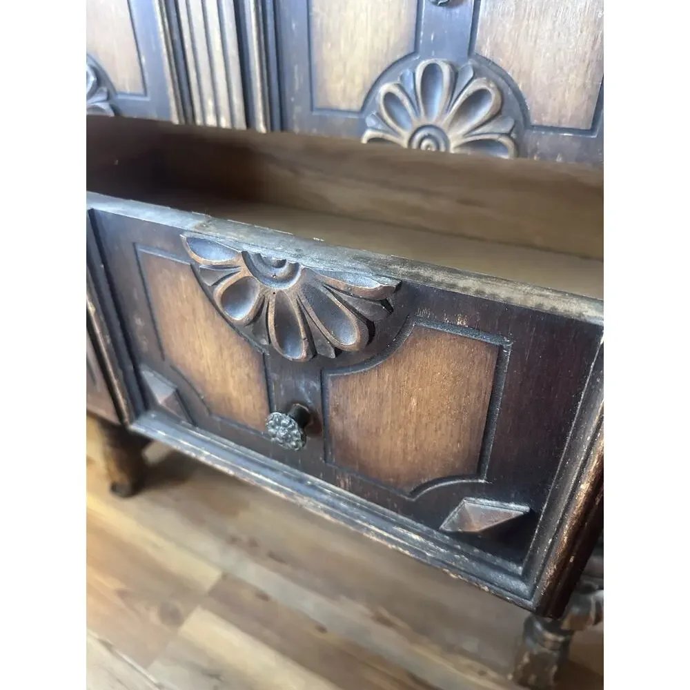 Jacobean Revival Carved Oak Sideboard Buffet Server Credenza